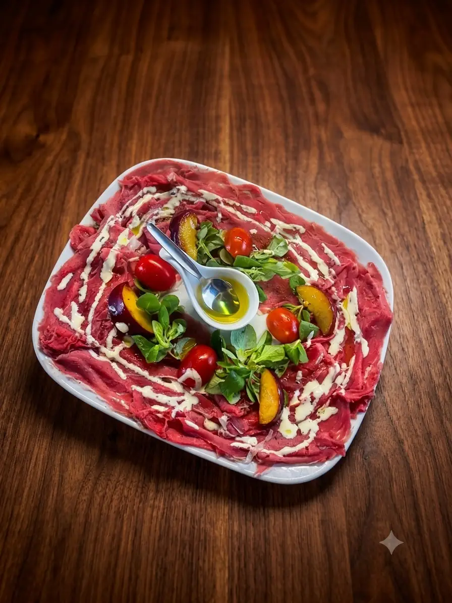 Carpaccio di manzo con pomodorini, songino e olio extravergine